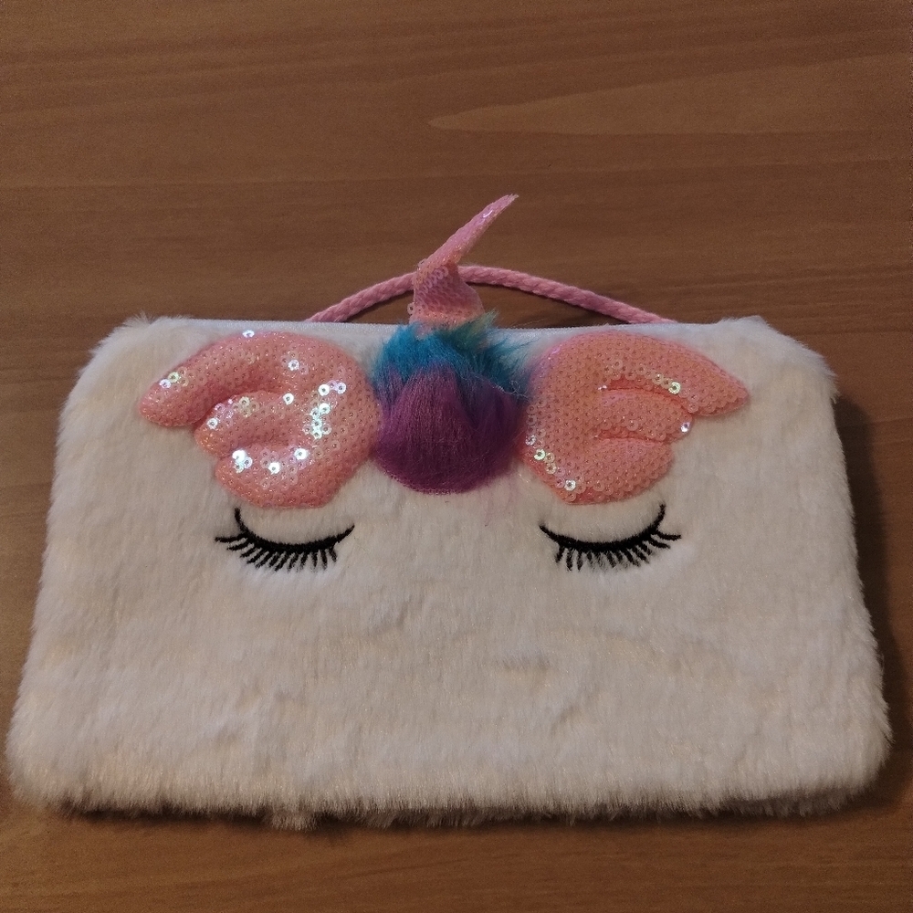 Fluffy Unicorn Crossbody Purse – Pink Sequin Horn – Kids/Teen Bag – Furry